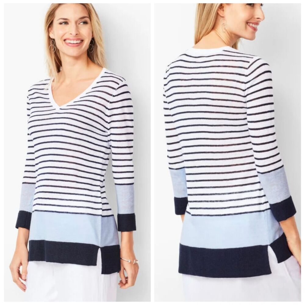 TALBOTS Women's MEDIUM Sweater White Blue Linen Tunic Beach Coastal Nautical